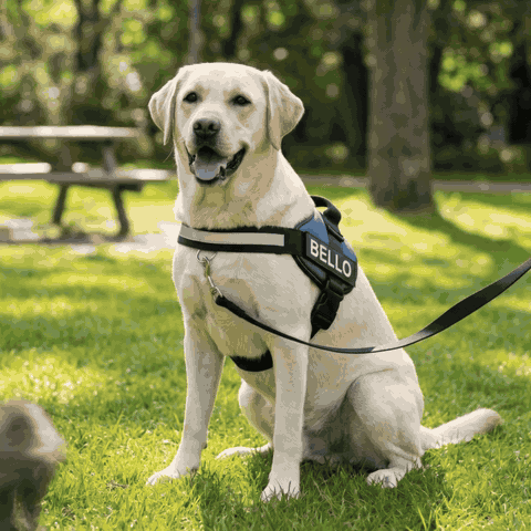 Labrador stürmt los, der Umkehr-Ring dreht ihn zu seiner Halterin zurück, er bekommt ein Leckerli