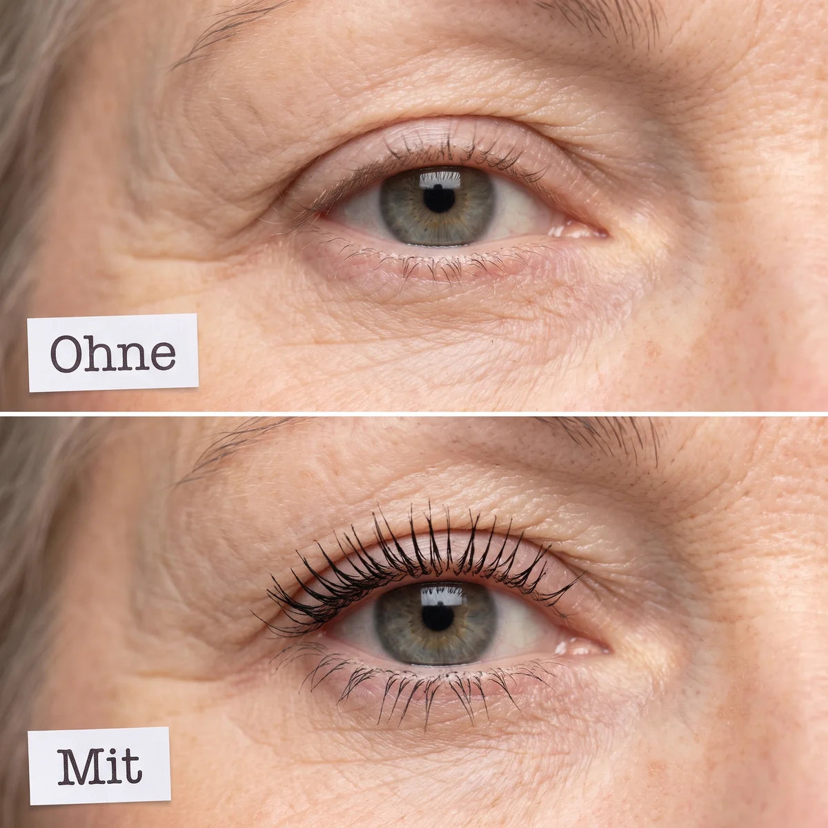 Auge einer Frau 55+ ohne und mit Mascara, Beschriftung „Ohne“ / „Mit“