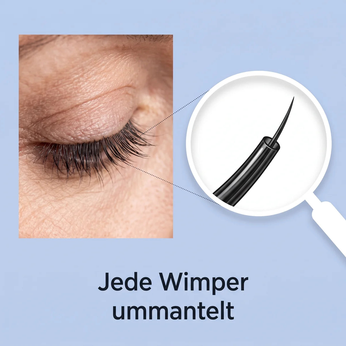 Lupe auf eine ummantelte Wimper, Beschriftung „Jede Wimper einzeln ummantelt“