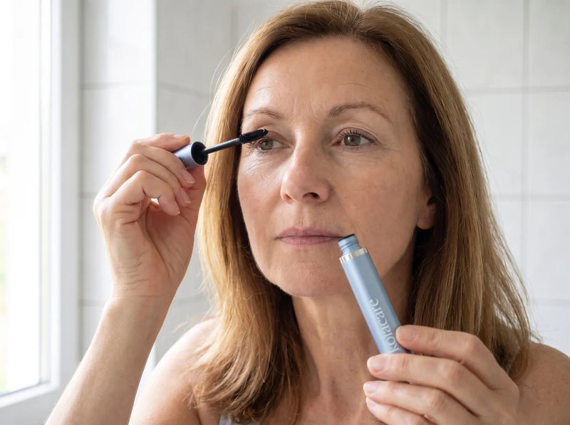 Frau trägt Kolacare-Mascara auf