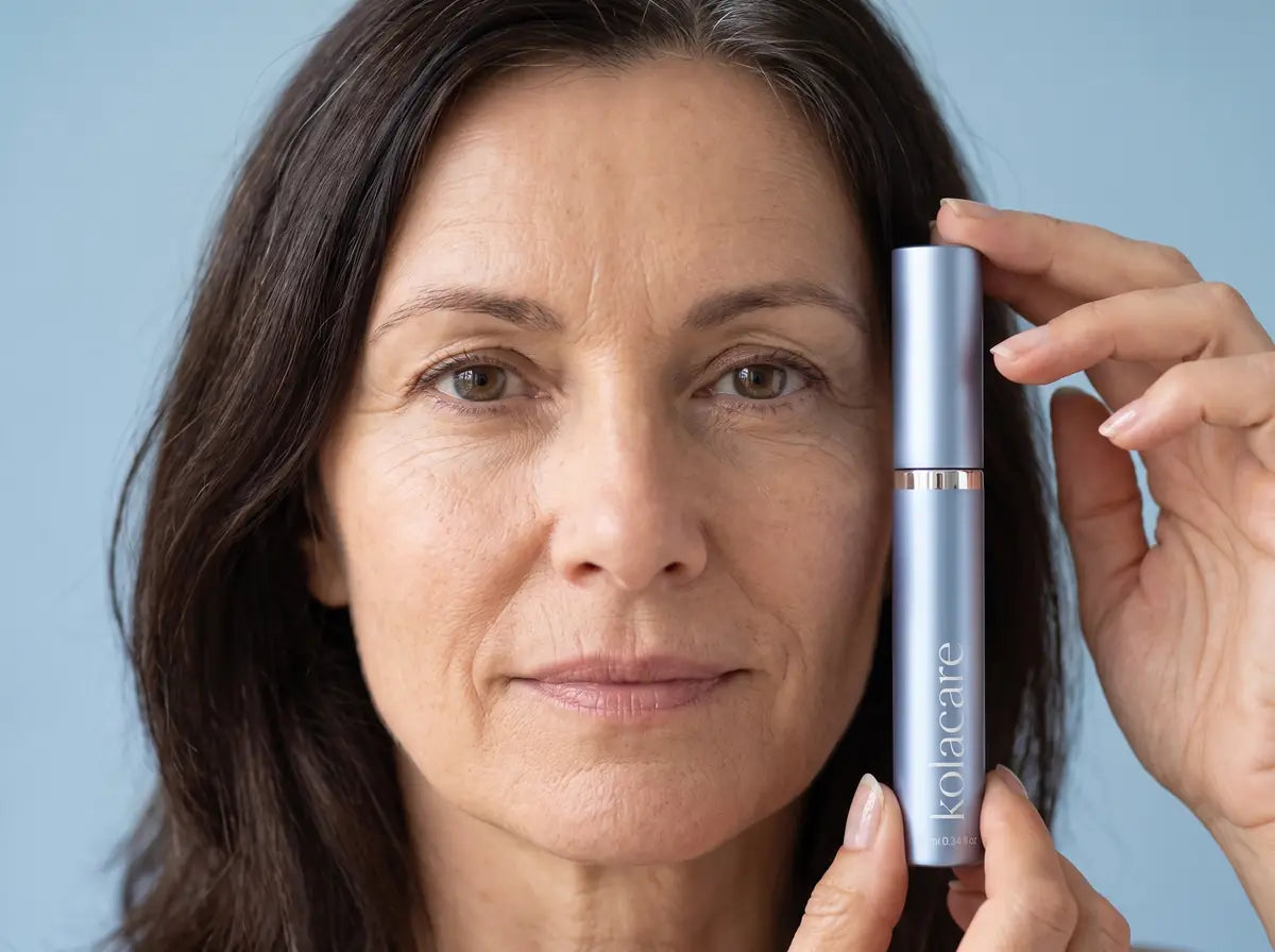 Frau mit dunklem Haar hält die Kolacare-Mascara ans Gesicht