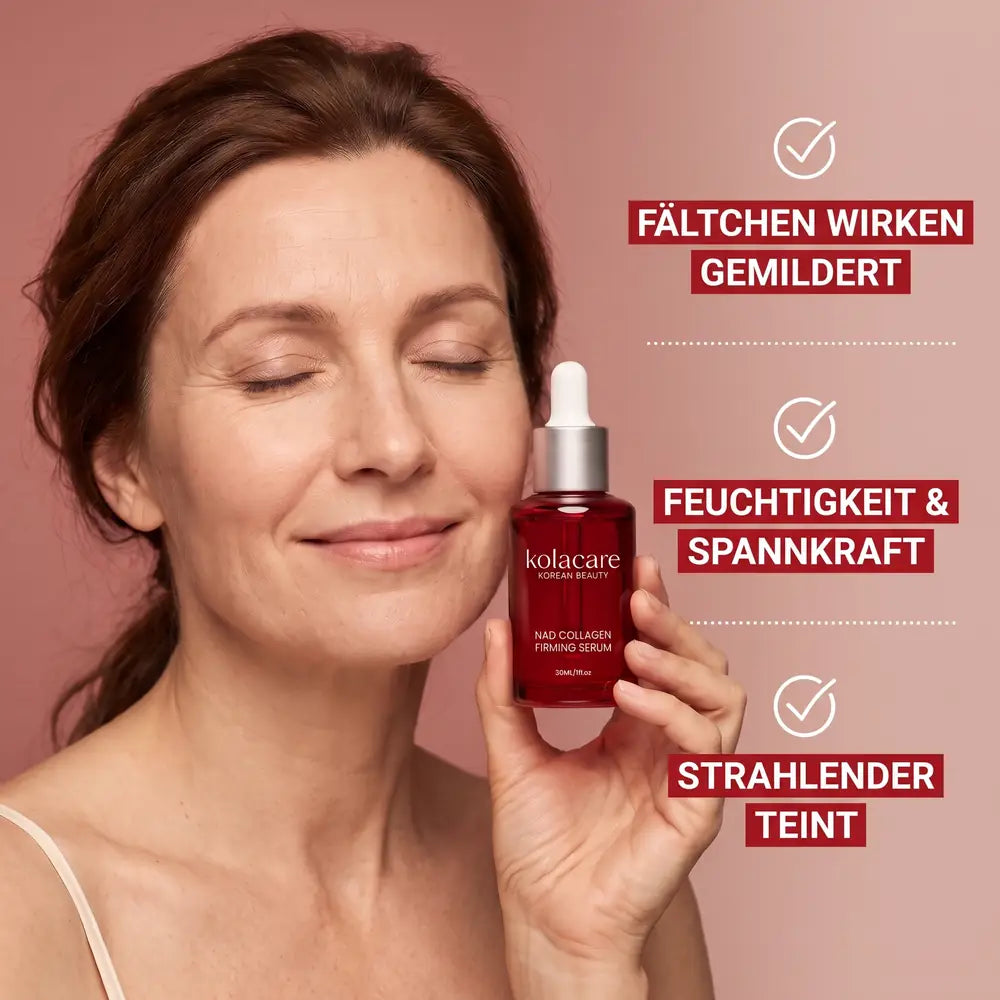 Frau hält das Kolacare NAD+ Serum an die Wange