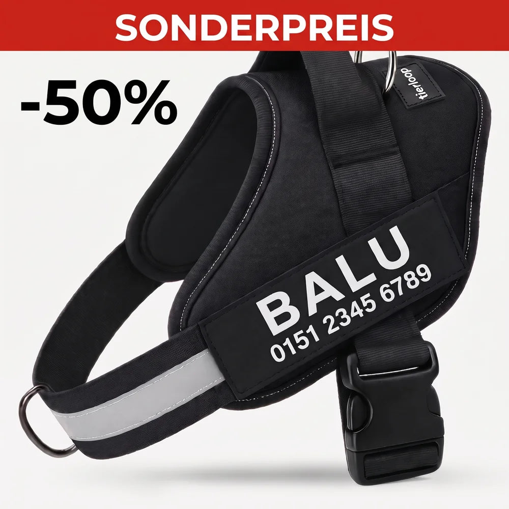 Tierloop Anti-Zug-Geschirr in Schwarz mit Namensschild BALU – Sonderpreis −50 %