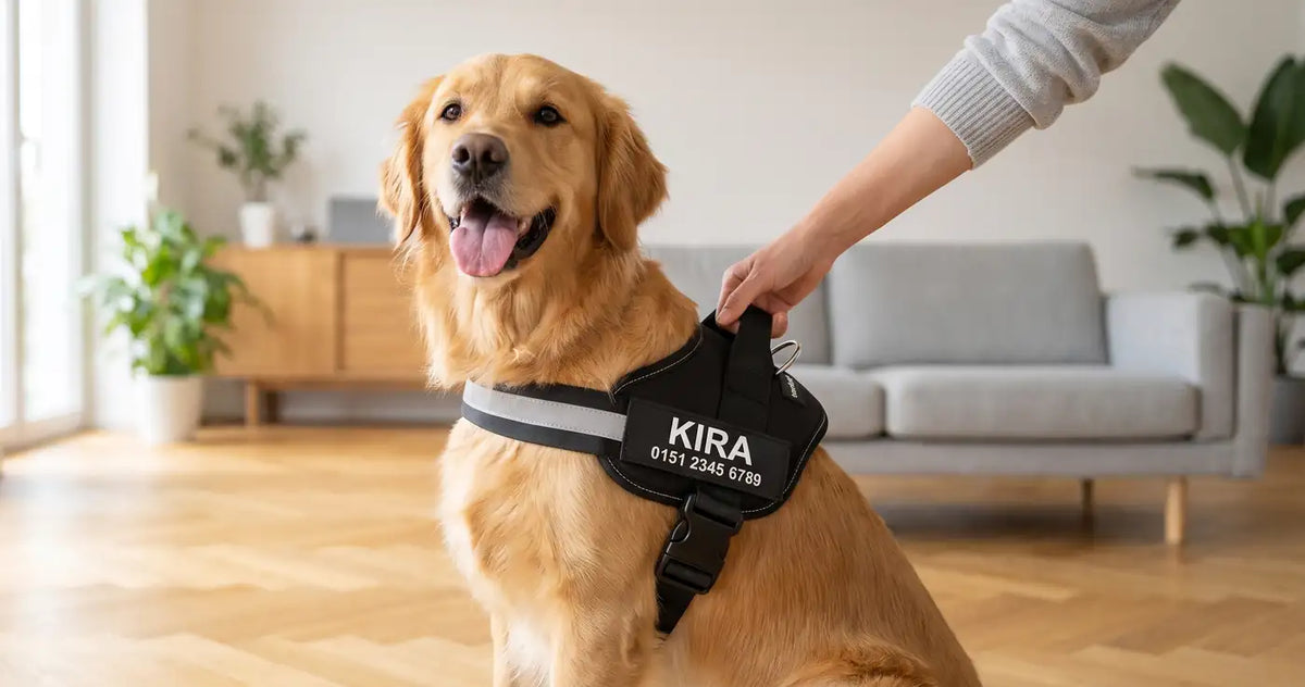 Golden Retriever im schwarzen Tierloop-Geschirr, eine Hand hält den Griff