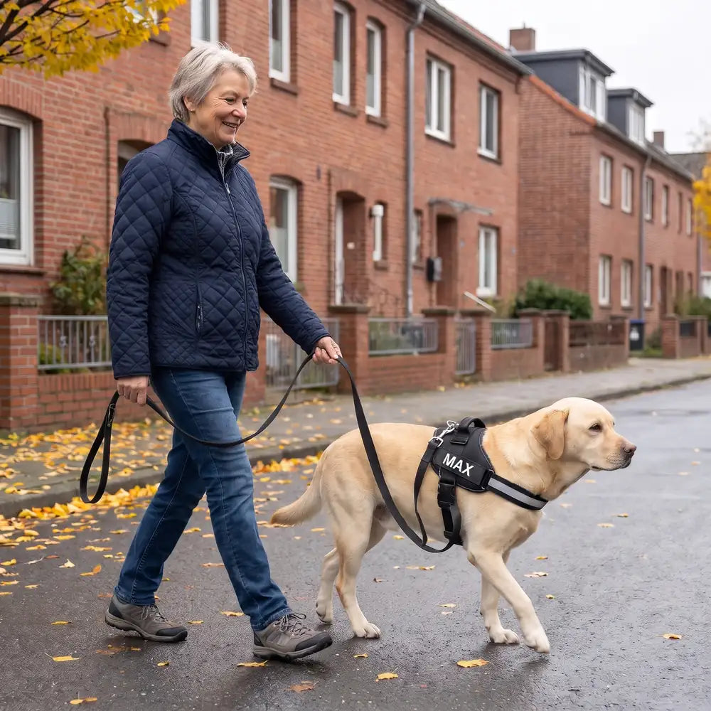Frau geht entspannt mit ihrem Labrador an lockerer Leine