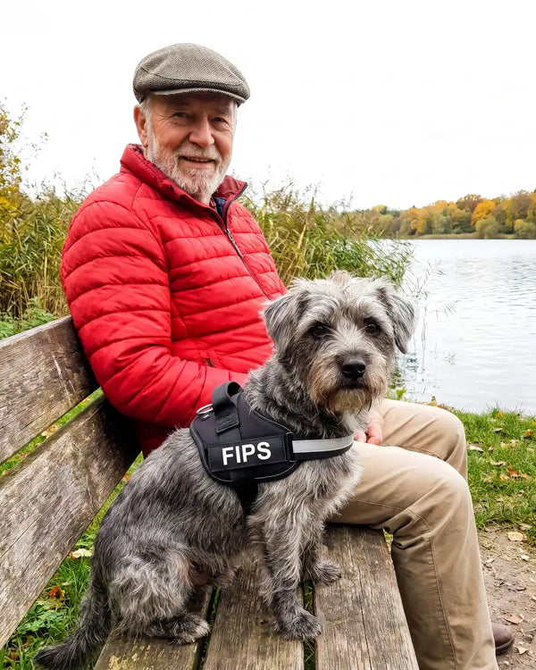 Älterer Mann mit seinem kleinen Hund auf der Parkbank