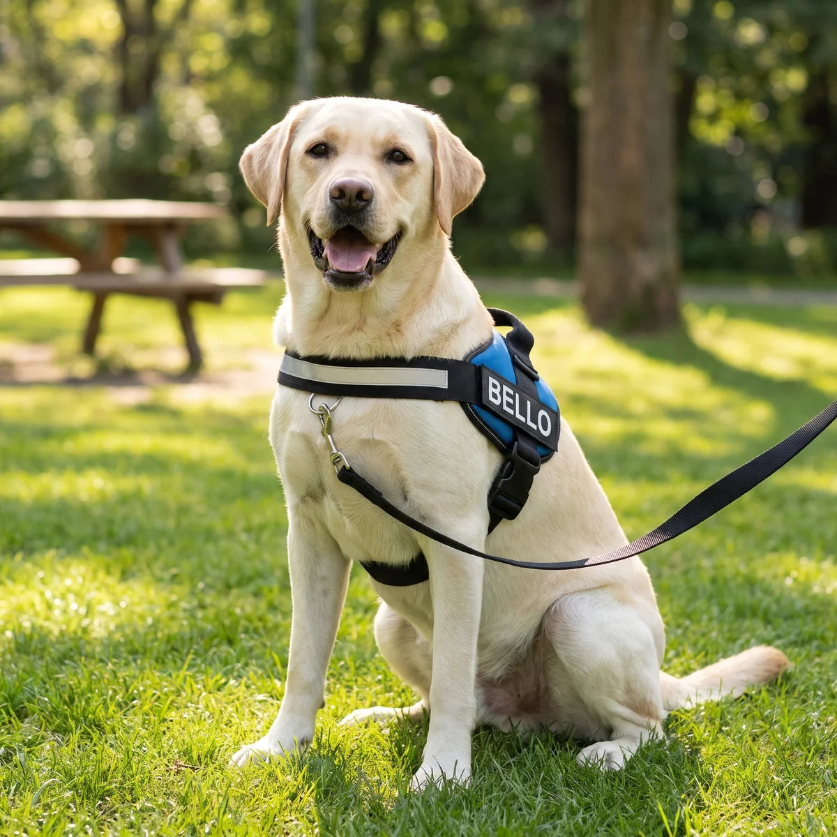 Labrador im blauen Geschirr auf der Wiese