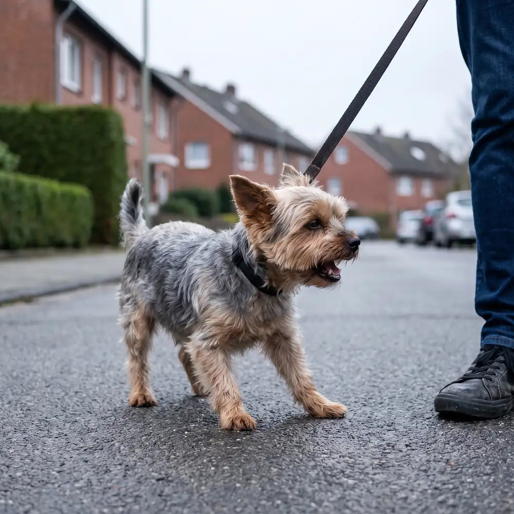 Kleiner Hund hustet am Halsband an der Leine