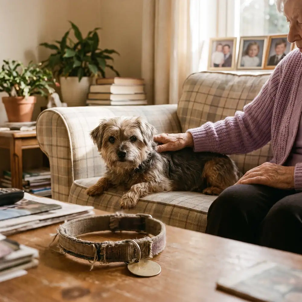 Älterer Yorkie auf dem Sofa, das Halsband liegt abgelegt auf dem Tisch